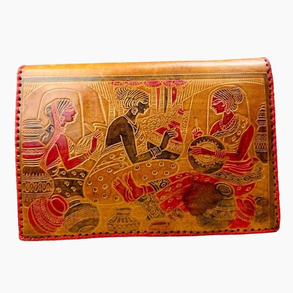 Vintage Hand-tooled Brown Leather Cluth Bag With Tribal Ladies Design - Picture 1 of 11